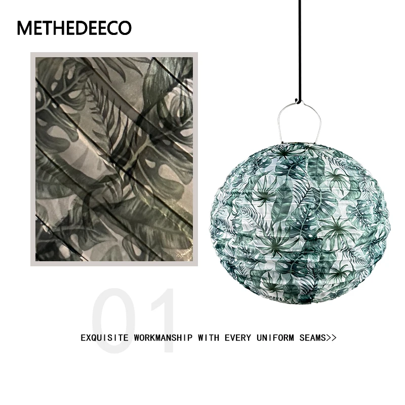 Methedeeco Customize Printing  Green  Leaf Fabric Solar Wall Lamp Outdoor Green Lantern