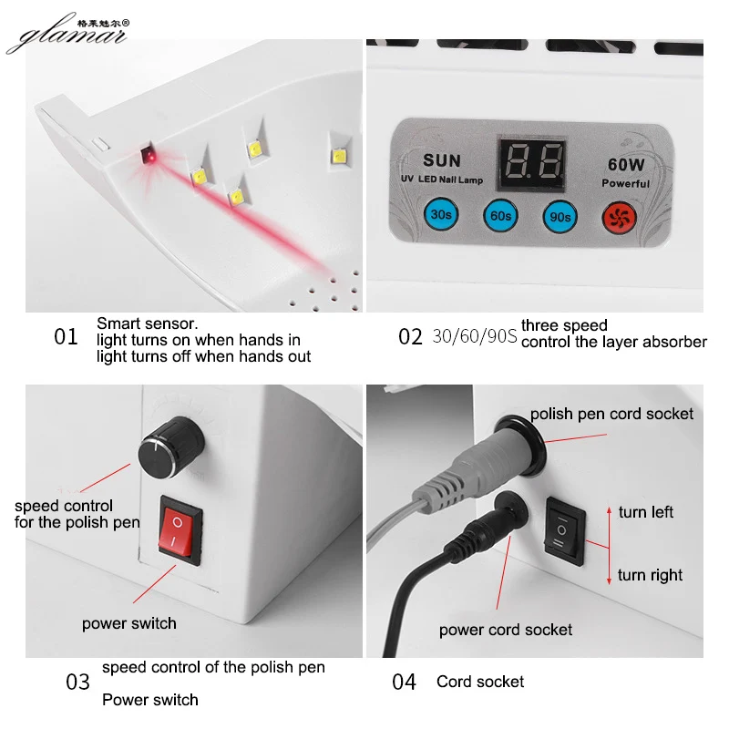 Multi-functional 60W LED UV Lamp Secadores De Unhas Electric Nail Drill Polisher Machine