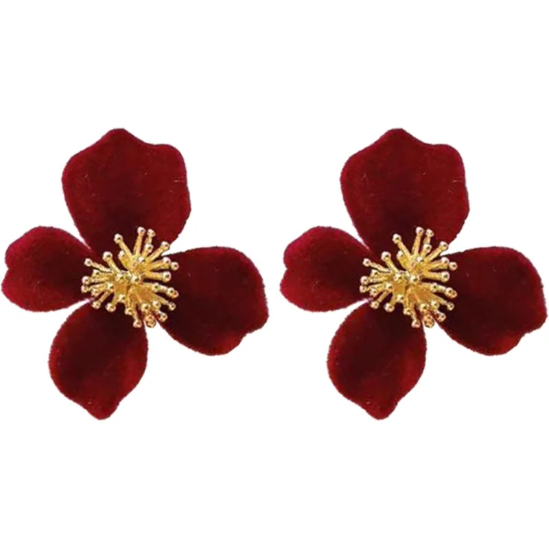 925 Silver Needle Velvet Flower Earrings Flocking Earrings Temperament Senior Atmosphere Red Earrings Female