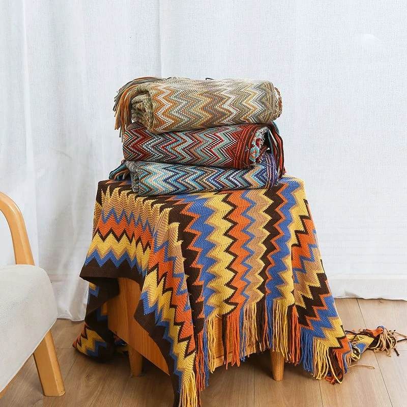 Reversible Soft Bohemian Boho Knitted Blankets and Throws with Tassels for Sofa Couch Bed