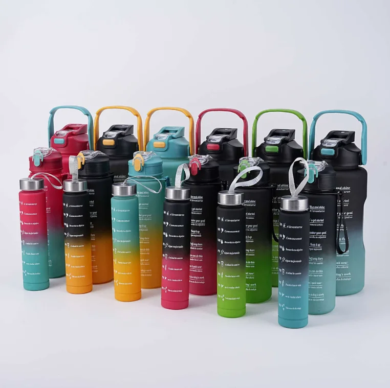Leak Proof 3 Pcs In 1 Set 2L Half Gallon Time Marker Direct Drinking Plastic Sport Gym Water Bottles Set Of 3 With Straw