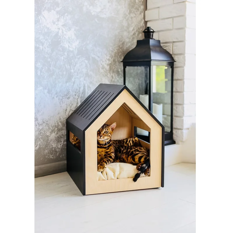 Hot selling creative indoor modern pet furniture wooden cat house with changeable scratcher