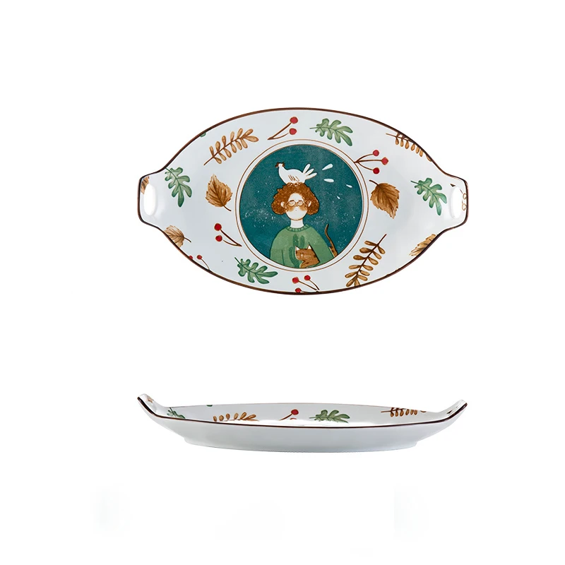 13.75 inch Porcelain Serving Platter Oval Plate / Tray With Handles for Party Modern Nordic Style Hand painted Ceramic Tableware