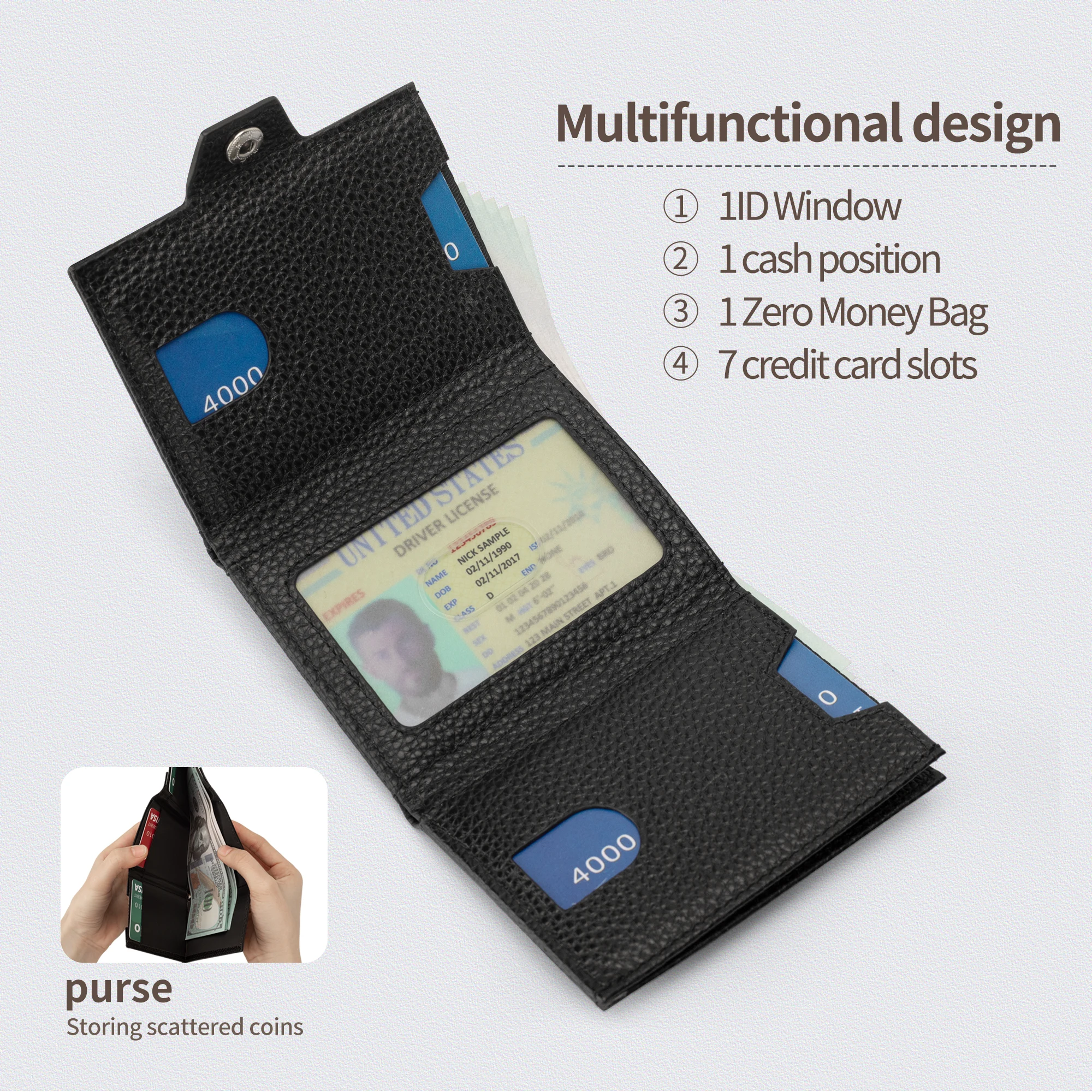 Factory Hot Sale Tri-fold Wallet For Man With Coin Pocket  RFID Blocking Minimalist Style Real Leather Credit Card Holder Wallet