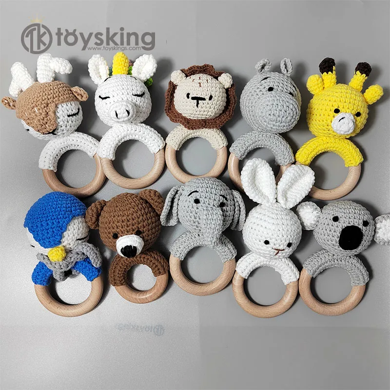 Manufacturer Low Moq Handmade Crochet Elephant Bunny Wooden Ring Teething Toy For Boys Girls