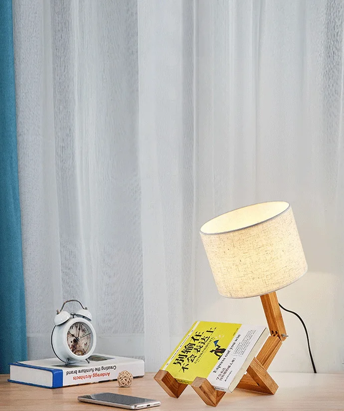 Solid wood humanoid lamp creative Nordic fashion style study bedroom bedside desk light wood robot folding LED table lamp