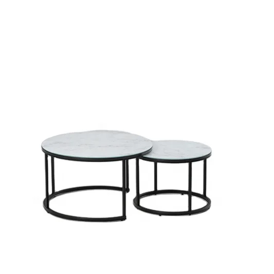 Living Room Nesting Stacking Tables Round white Marble Glass Coffee Table Set