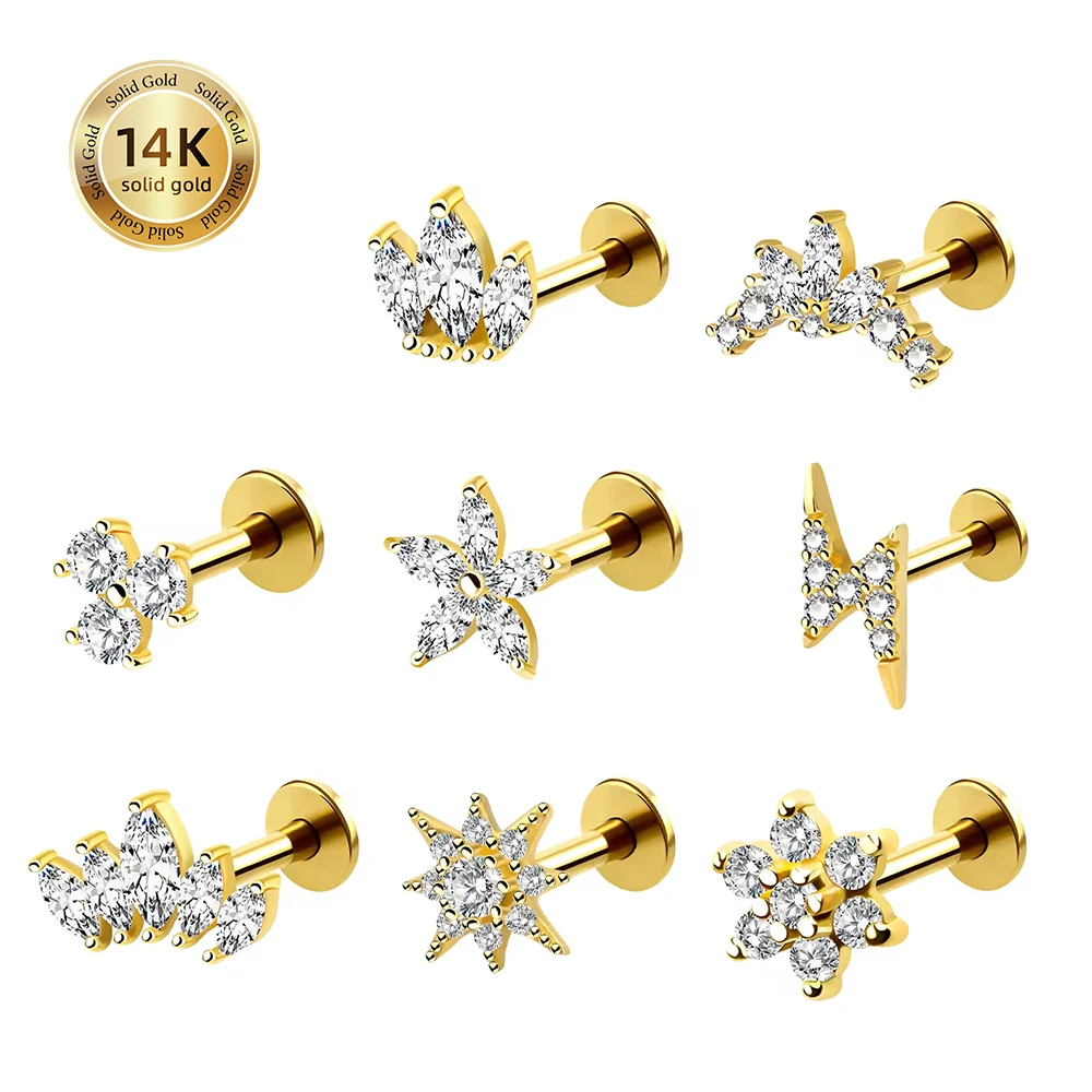 14K Soild Gold Internal Threadless Push Pin Piercing Cartilage Earring Labret Body Jewelry
