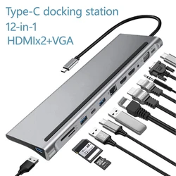 Custom logo USB Type C docking station 12 port usb 3.0 hub to PD/VGA/4K/USB3.0/rj45/SD TF card reader