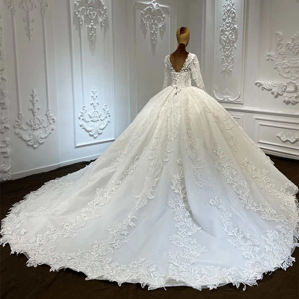 Custom-made 3D floral lace applique embroidered long sleeve princess ball gown fairy wedding dress LSCJ31-2