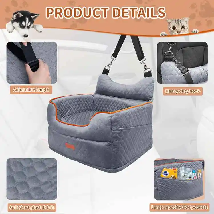 Gray Dog Car Seat Carry Bed Portable Pet Dog Waterproof Booster With Safety Leash