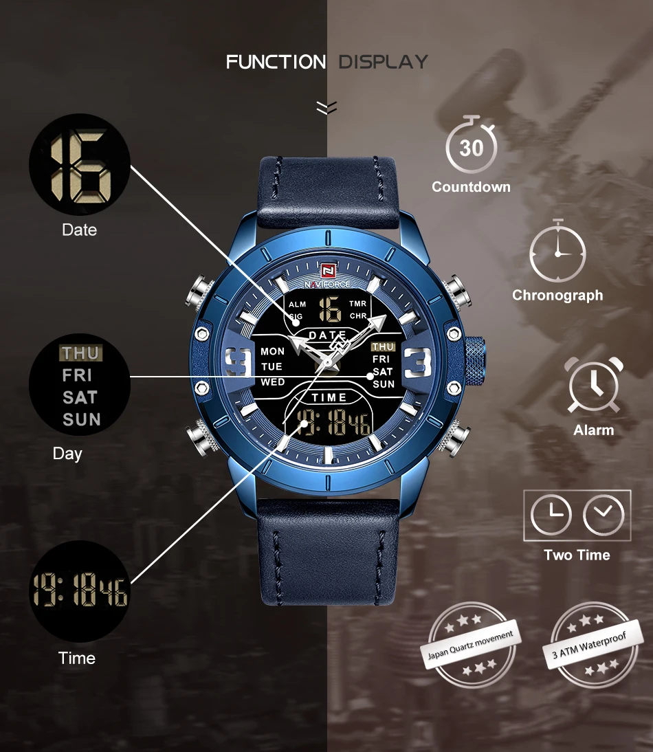 naviforce 9153L BEBE relogio masculino blue color relojes hombre watches men wrist analog digital wristwatches for sports