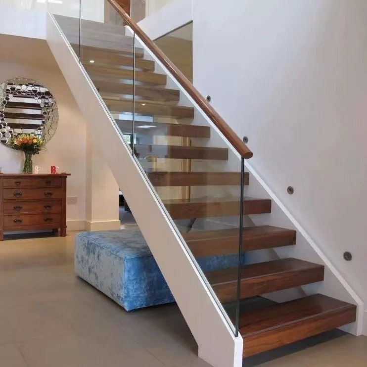 Good Quality Apartment Double Steel Stringer Glass Wood Step Straight Stairs LED Staircases with Glass Railing