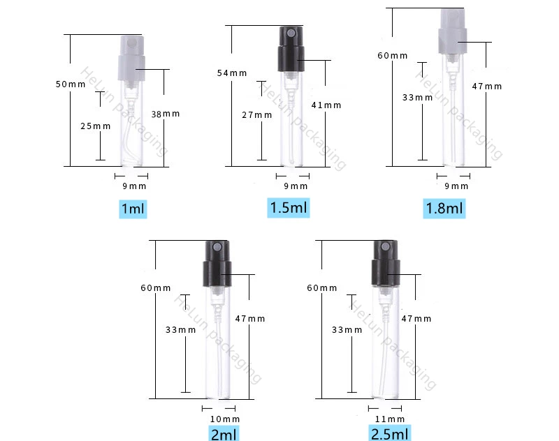 HeLun Custom Logo Print Discovery Brand 1.5ml 2ml 2.5ml Mini Tester Decant Parfum Glass Vial Perfume Bottles with Paper Card Box
