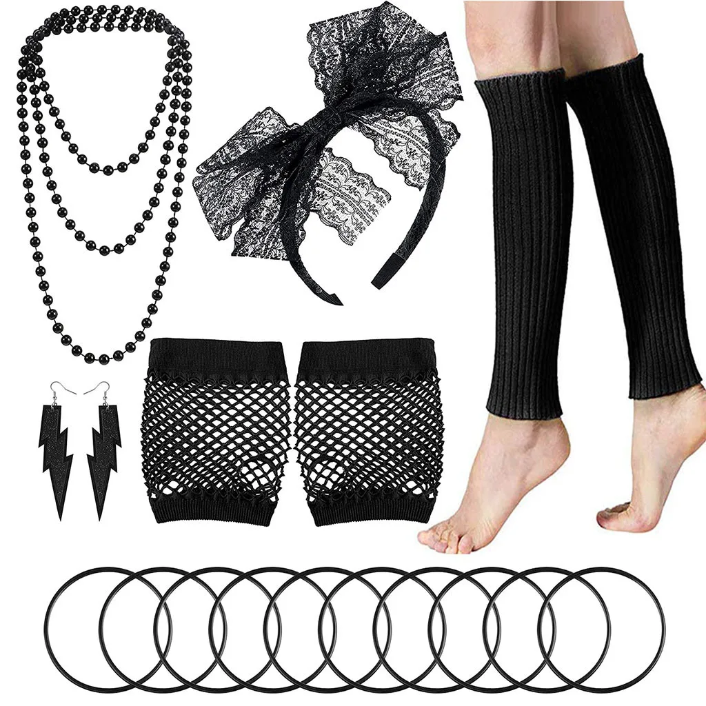 Go Party 1980s Retro Neon Party Fancy Dress Costume Accessories Lace Headband Fishnet Mittens Necklace Bracelets Earrings Sets