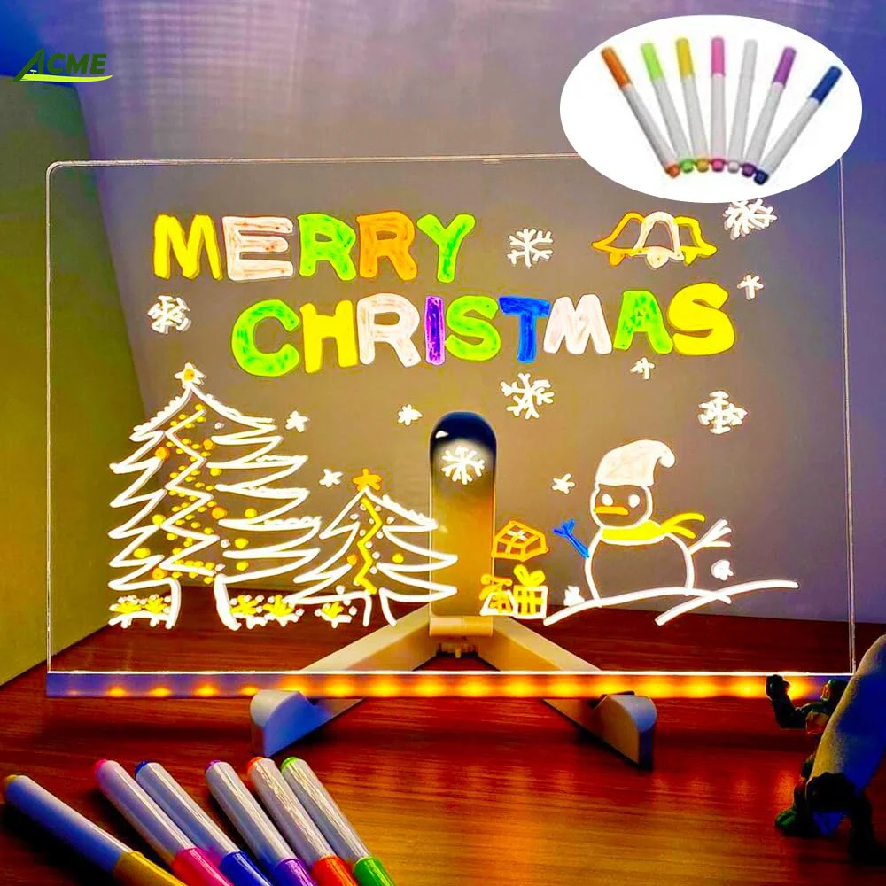 LED Acrylic Dry Erase Message Board with Adjustable Stand Colorful Lighted Notepad Includes 7 Pens for Home Office and School
