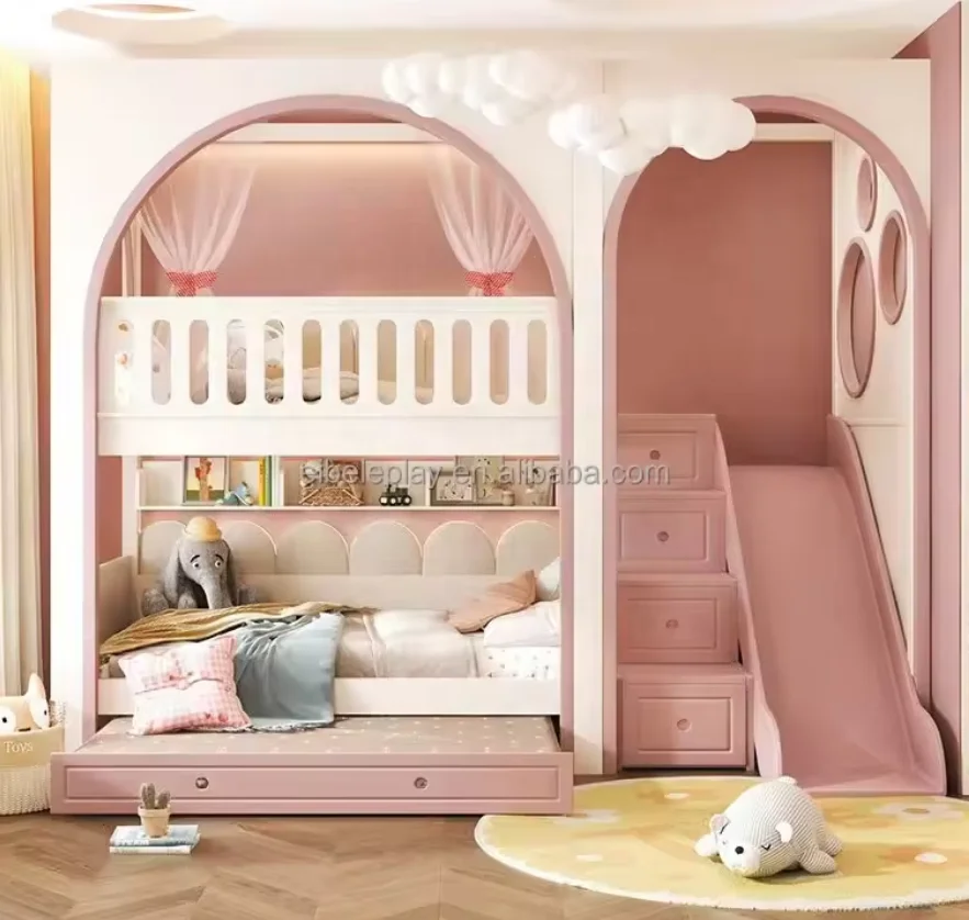 Girl princess bunk bed girl with storage cabinet multi-function bed full size bed frame with ladder and slide