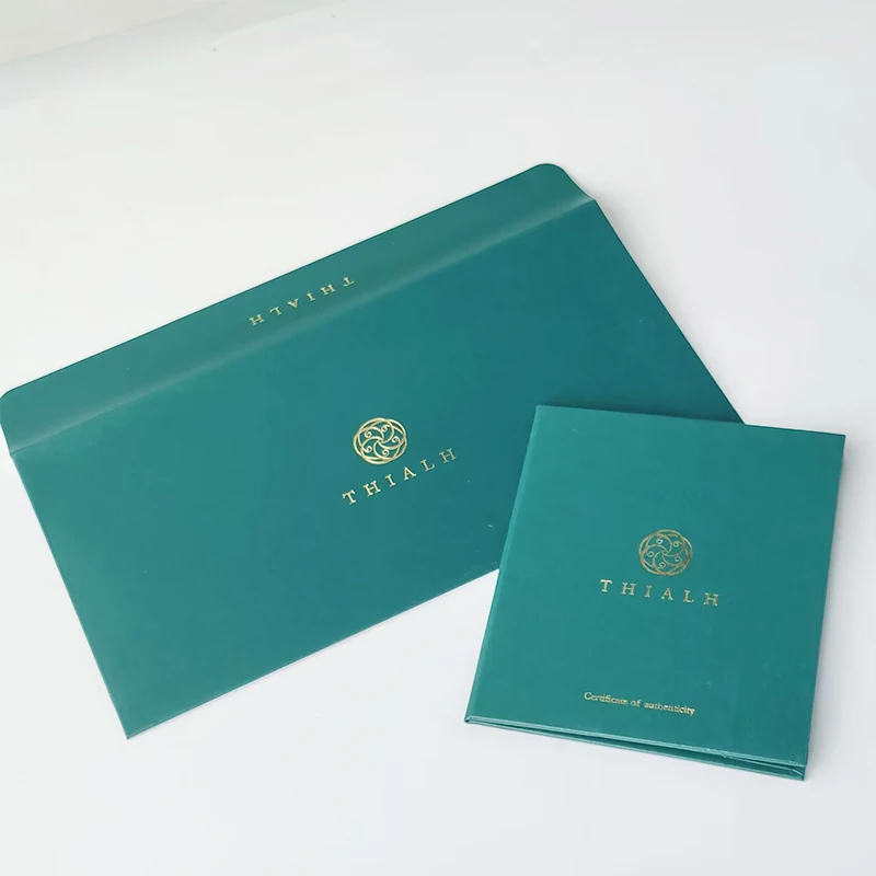 Golden Stamping Custom Logo Luxury Green Wedding Invitation Jewelry Authenticity Paper Certificate Holder Cover Envelopes