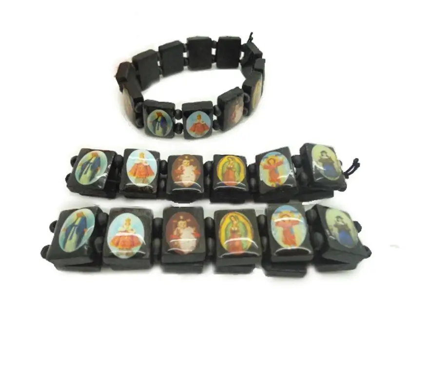 
Spot Religious Catholic Ornaments Christian Supplies Wooden Icon Drops Elastic Rosary Bracelets 