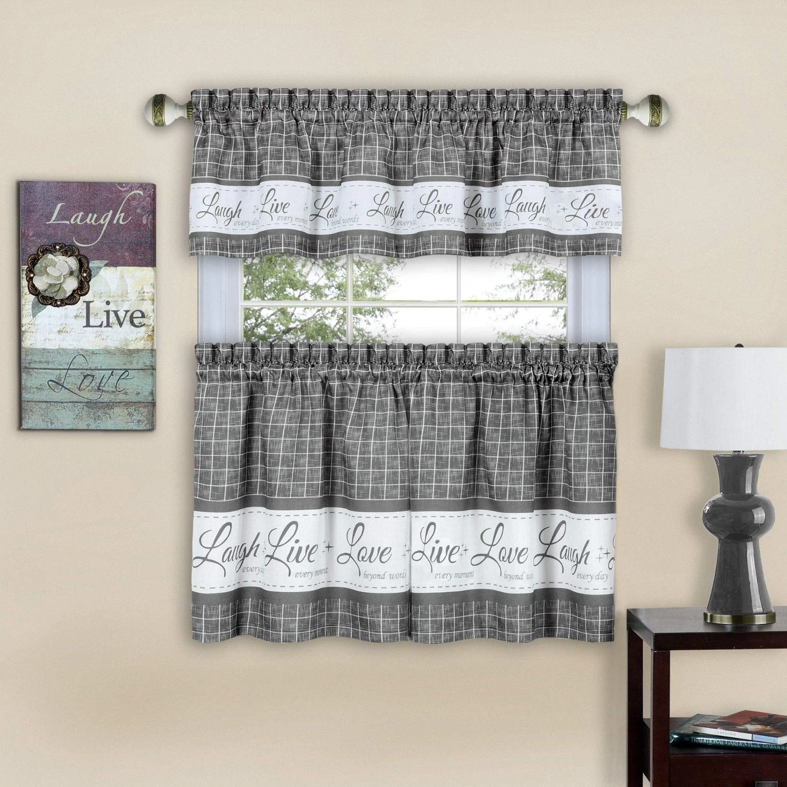 Bindi Country Gingham Check Live Laugh Love 3 Pc Cafe Plaid Grey Black Out Window Kitchen Curtain Set
