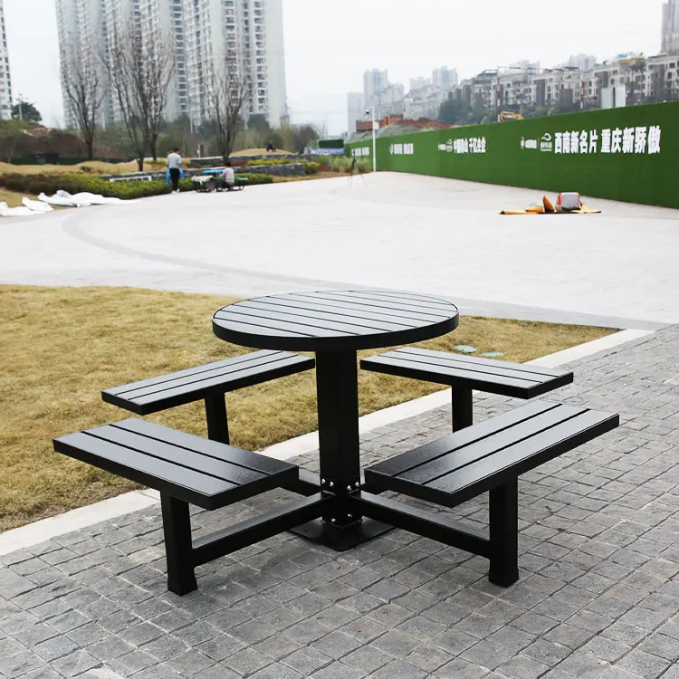 Outdoor street furniture Round wooden and metal picnic table chairs