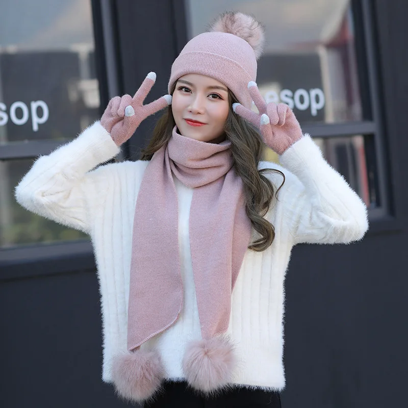 Зимняя вязаная шапка, шарфы, шаль, палантины, варежки 3 шт./компл. для мужчин, шерстяная однотонная женская шапка с помпоном, облегающие перчатки, шарф с меховым помпоном