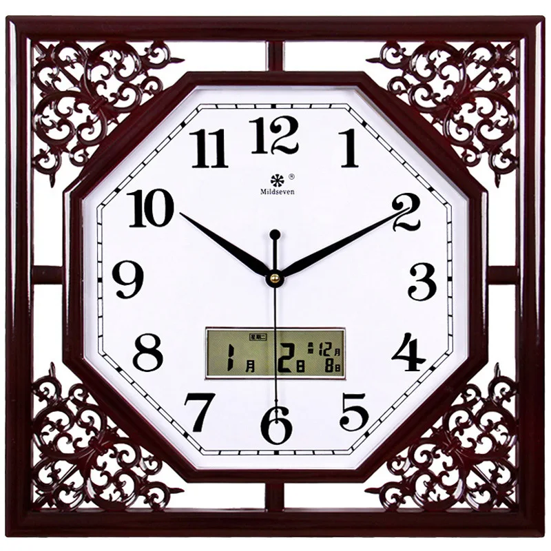 Chinese Retro Style Wall Clock for Living Room Creative New Square Quartz Design Home Electronic Needle Display Plastic Material