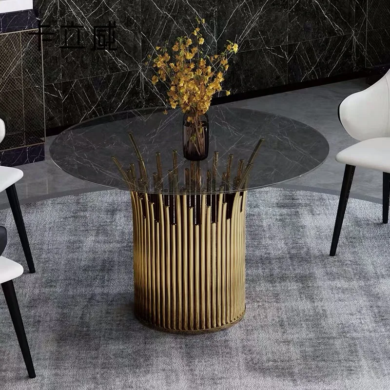 Black round tempered glass dining table with gold silver stainless steel base for home hotel restaurant dining room