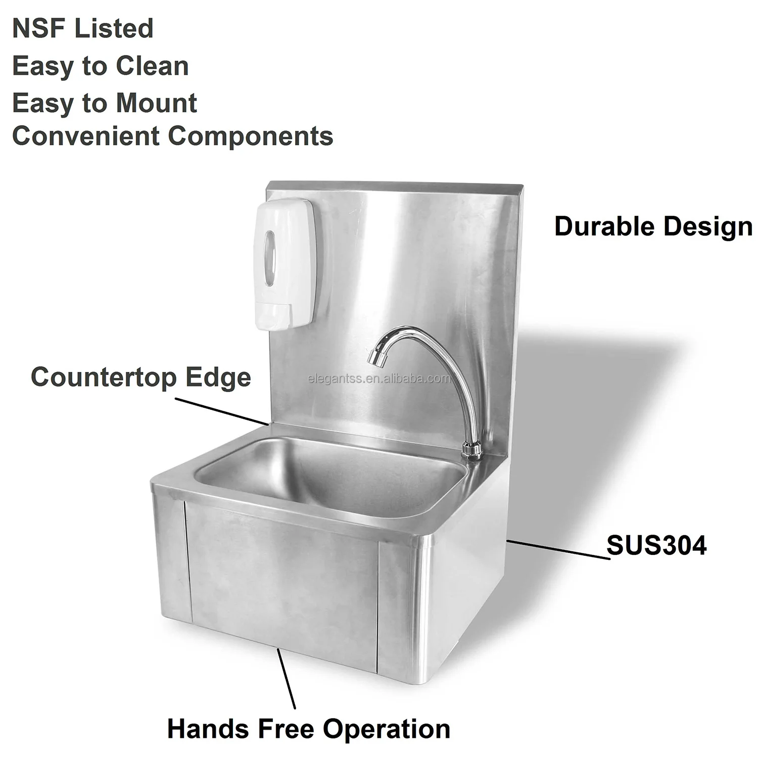 Commercial Kitchen Wall Mounted Stainless Steel Knee Push Operated Sink
