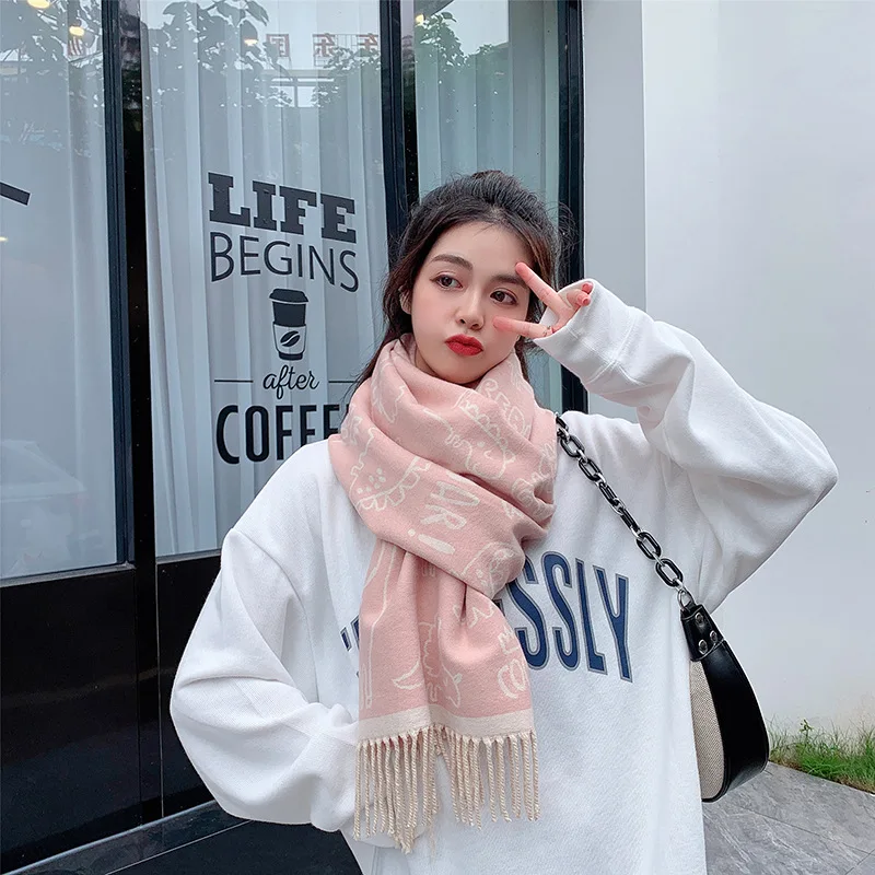 Wholesale Korea cute little dinosaur print tassel scarf cashmere shawl autumn and winter windproof scarf