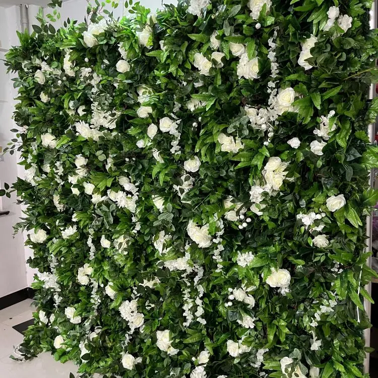 2024 Hot Sale 8x8 3D Green Flower Wall Roll UP Curtain White Rose With Green Leaf  Flower Wall Panel Backdrop Wedding Decor