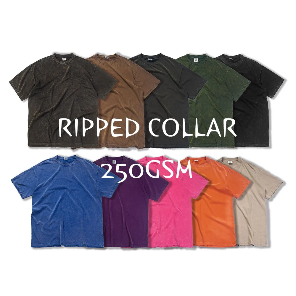 250 gsm ripped collar acid wash custom design oem factory high quality streetwear hip hop unisex acid wash t-shirt oversized
