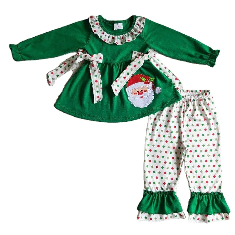 wholesale suit autumn baby clothes fashion cotton outfit embroidery green tunic bowties long sleeve and polka dot pattern pant