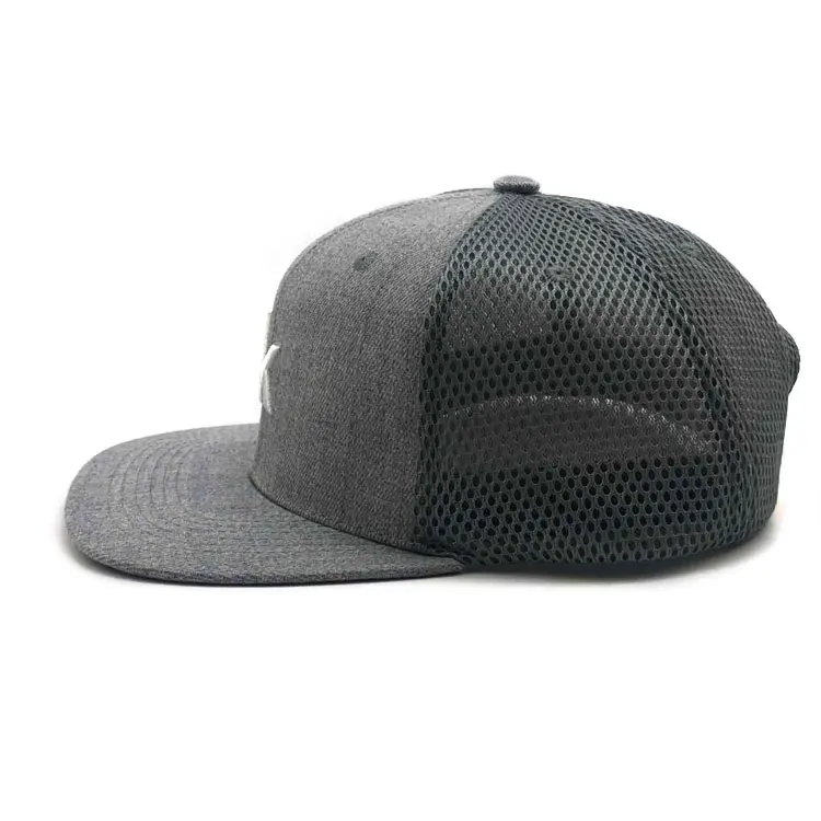 Custom Flat Bill 6 Panel Embroidery Black Mesh Trucker Cap