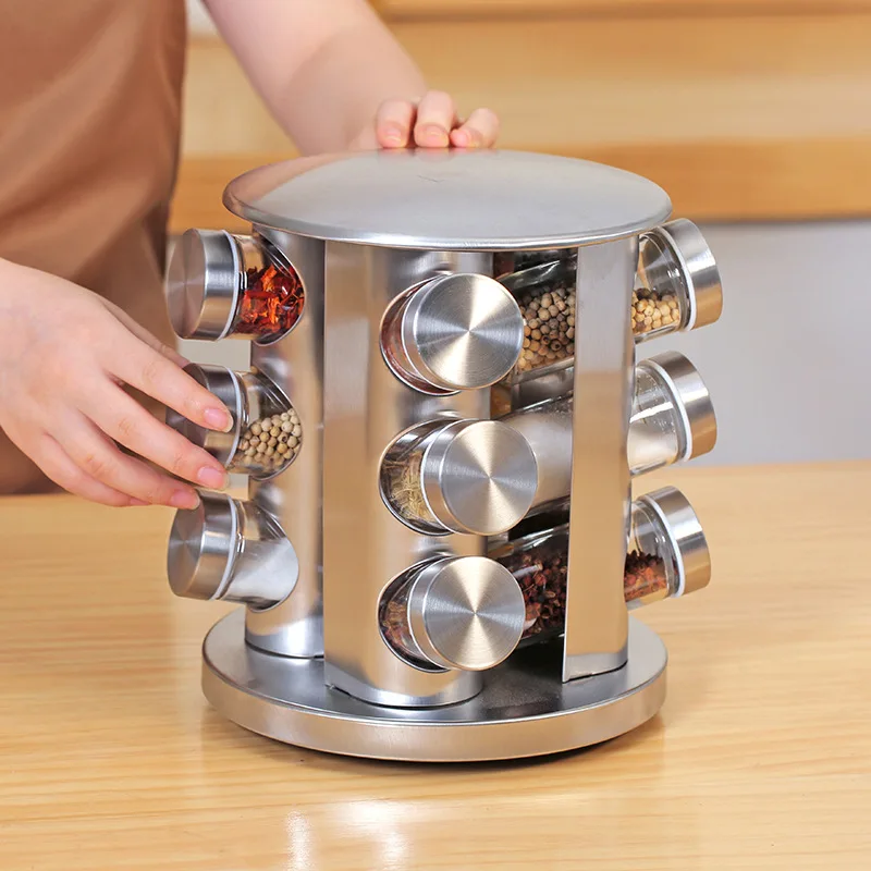 Kitchen Large Standing Cabinet Revolving Rotating Seasoning Tower 12/16/20  Jar Stainless Steel Spice Rack Organizer