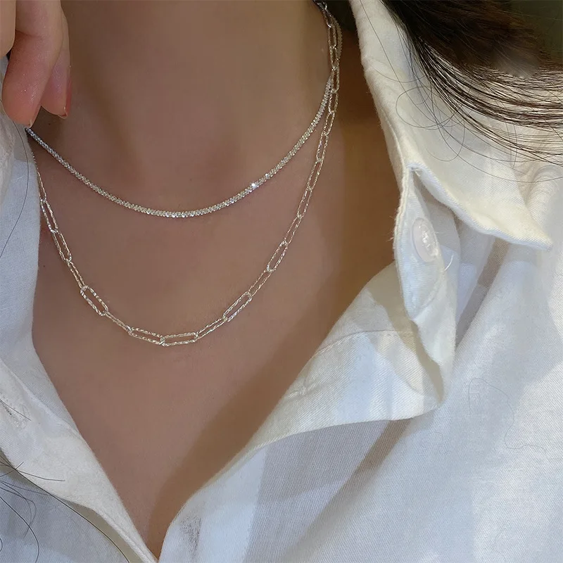 Double Layered White Crystal Chain Necklace for women cross gold silver Link Choker Chain Necklace