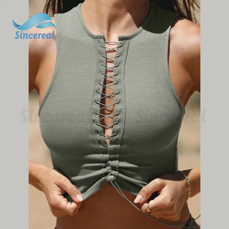 Custom summer sexy adjustable drawstring knit ribbed crop tank top casual streetwear slim fit yoga vest