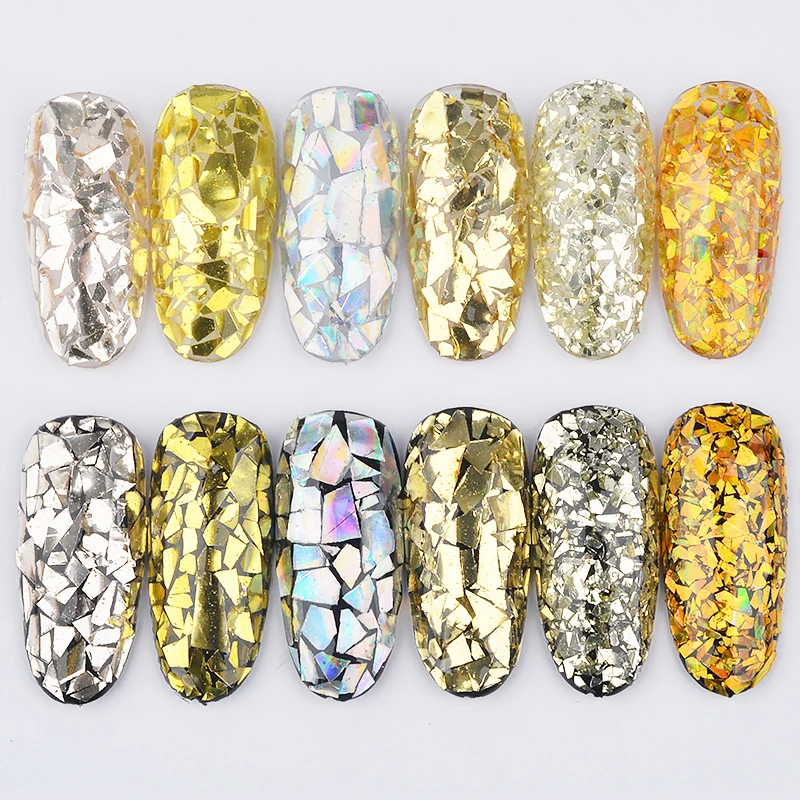 6Pcs Holographic Nail Glitter Sequins Set 3D Irregular Broken Glass Nail Art Foils Flakes Aurora Colorful Manicure Decorations