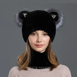 CX-C-97C Lady Boutique Outfit Hand Knitted Rex Rabbit Fur Women Winter Beanie Hat and Scarf Set