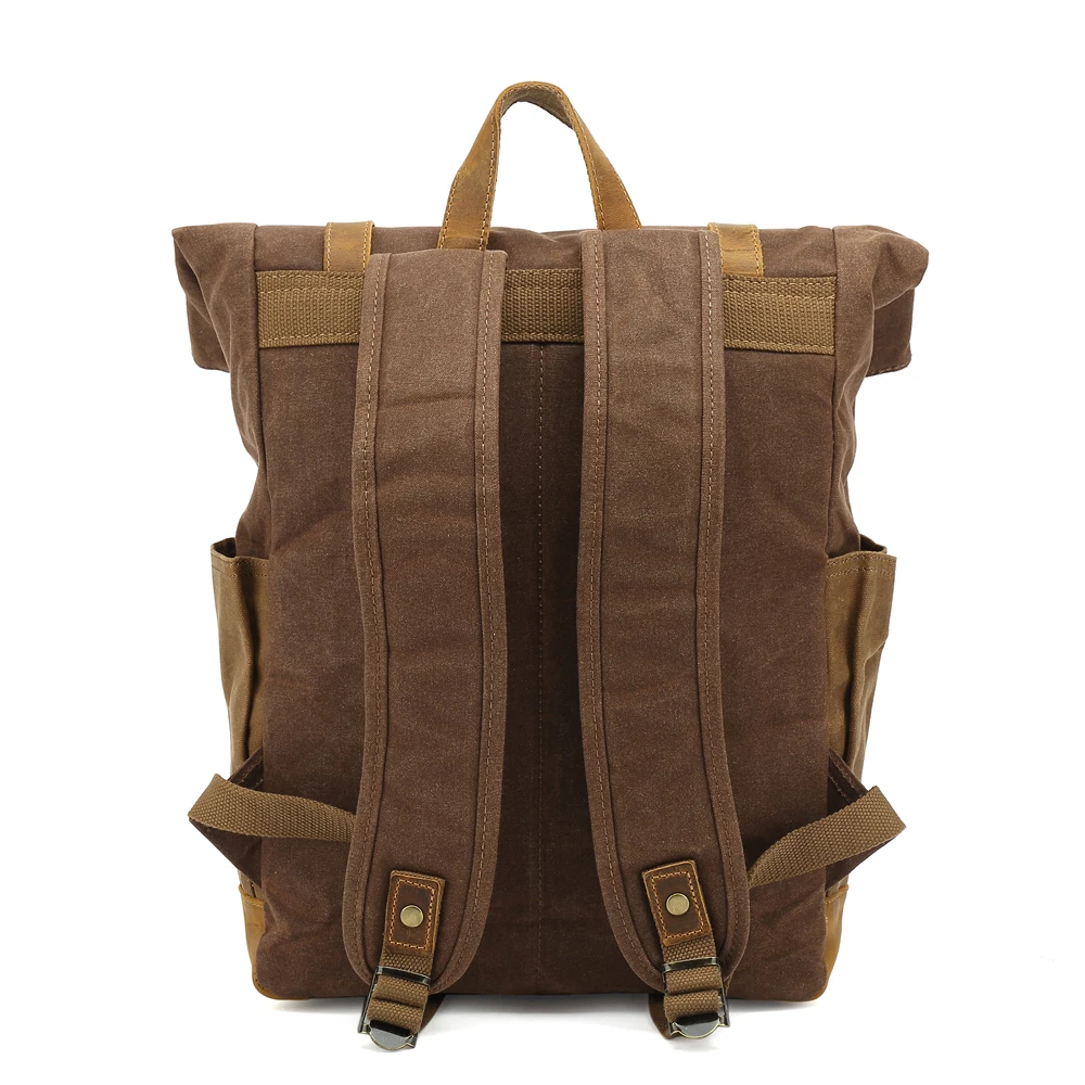 Custom recycled Rpet polyester roll top Travel Casual Rucksack backpack waterproof waxed canvas with cowhide leather backpack