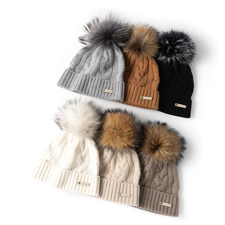 fashion women 100% pure cashmere winter hats custom cable knit women warm cuffed  cashmere beanie hat with fur pom pom