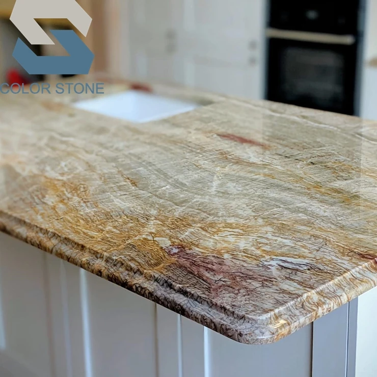 Natural Vintage Texture Stone Polished Green Gold Nacarado Quartzite Kitchen Worktop Countertop Waterfall Island