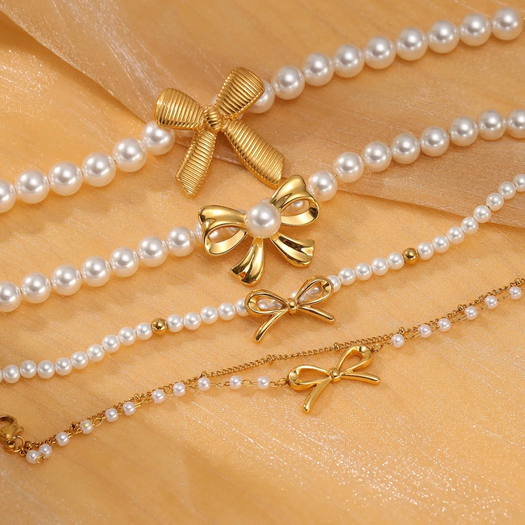 French New Elegant Stainless Steel Bow knot Freshwater Pearl Bracelet 18K Gold Plated Non Tarnish Waterproof Jewelry Gift