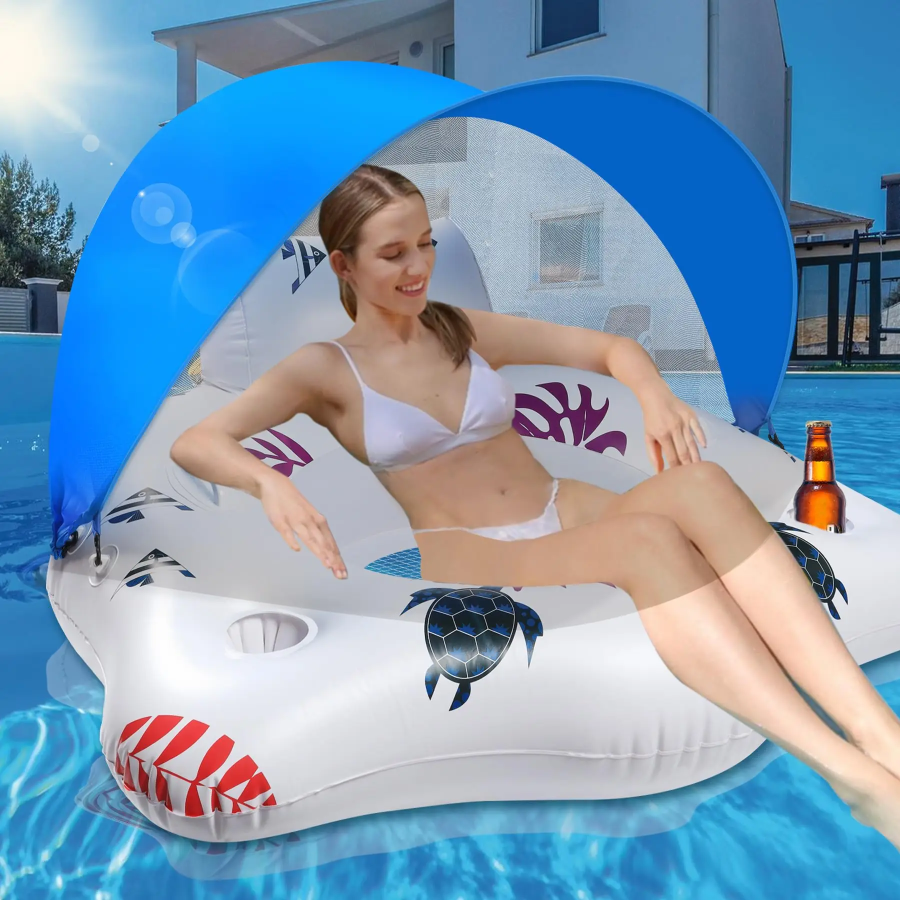Inflatable Pool Float with Canopy, Large Pool Float Chairs with Cup Holders & Armrest, Float Pool Lounge Water Floats for Adults