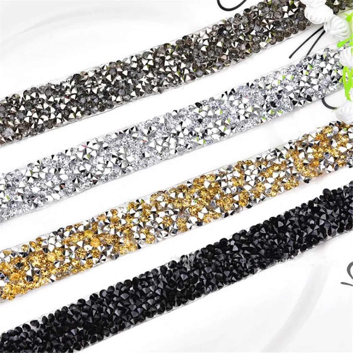 1.5cm Rhinestone Beaded Chain Iron On Applique Trim Wedding Bridal Dress Decor Polyester Lace Trim