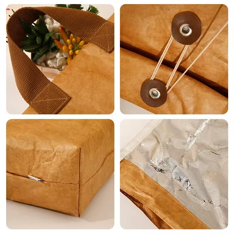 Custom Logo OEM/ODM Washable Brown Tyvek Paper Lunch Cooler Bag Biodegradable Waterproof Coated Tyvek Tea Shopping Bag