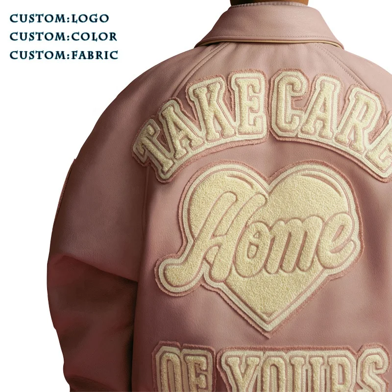 Custom Winter Chenille Embroidery Logo Leather Bomber Jacket Genuine Leather Kids Varsity Jackets