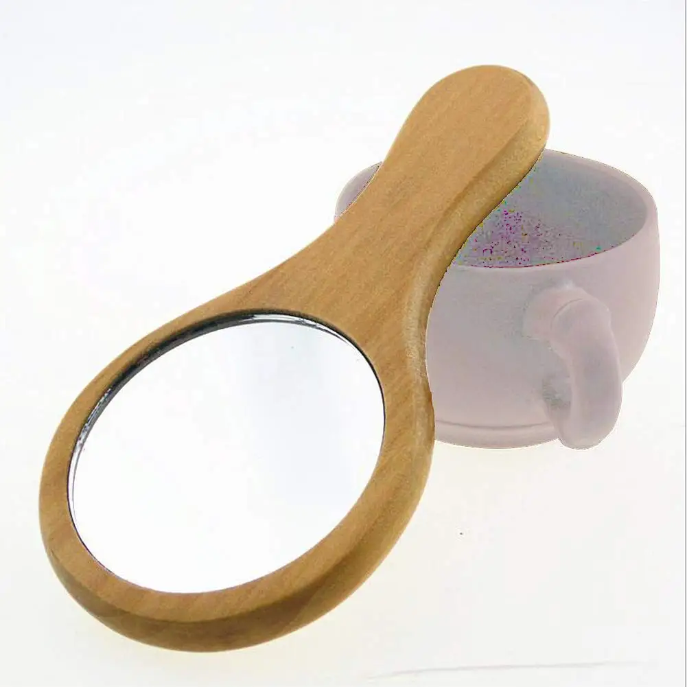 Handmade Portable Handle Round Cosmetic Mirror with Single Handle Personal Vanity Cosmetic Wooden Handheld Mirror