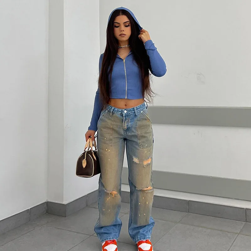 2024 DG Clothing Street Ripped High Waist Distressed Jeans Women Cotton Splash Ink Straight Denim Jeans