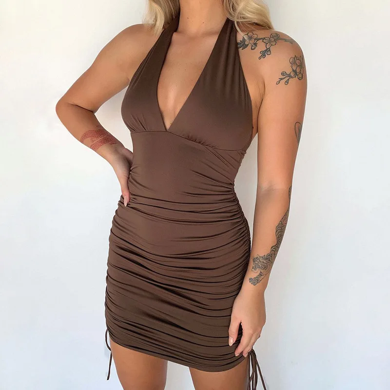 
Sleeveless V Neck Bandage Halter Shirring Dress Y2K Clothing Classy Chocolate Brown Dress Vintage Party Dresses Women 